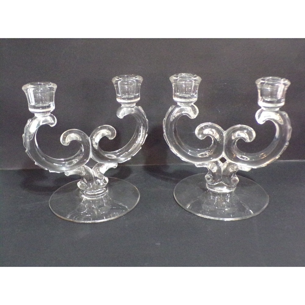 Vintage‎ Pair Art Deco Double Arm Swirl Glass Candle Holders Classic Retro